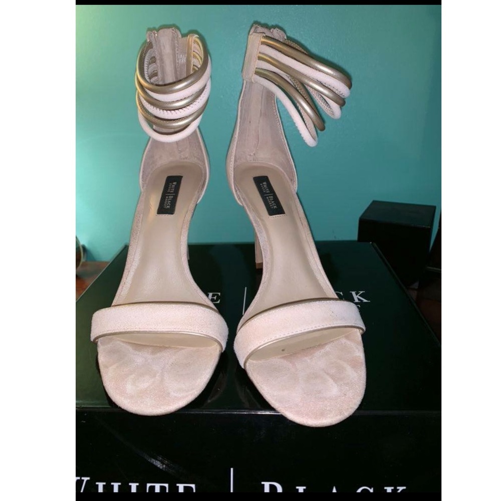 White House black market strappy ankle heels with pink and gold